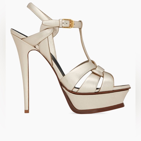 Saint Laurent Tribute Sandals In Metallic Leather in pale gold US 7/ EUR 37 - Picture 1 of 9